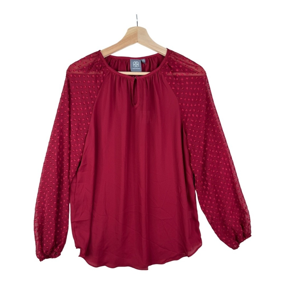 New Daisy Fuentes Textured Polka Dot Long Sleeve Blouse size Medium Red